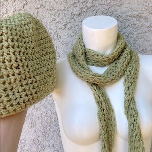 Handcrafted Handmade Hand Knit Skinny Slim Green Knit Ruffle Scarf and Hat Set